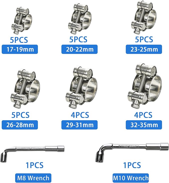 T-bolt Hose Clamps, PEROMI 28pcs 6 Size Heavy Duty Radiator Hose Clamps Assortment Kit-Size Range 17-35mm, 304 Stainless Steel Pipe Tube Clamps for Automotive Fuel Lines Radiator Hoses Turbo Intake