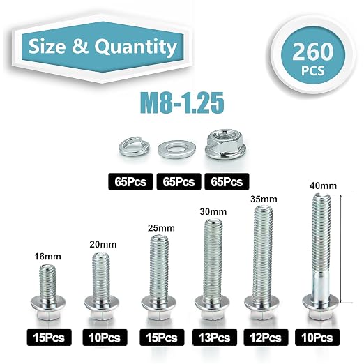 260Pcs Flange Hex Bolts and Nuts Kit,M8 x1.25 (M6 x1.0 M10-1.25 Available) (16mm to 40mm) Metric Bolt Assortment,Alloy Steel Class 8.8 Zinc Plated