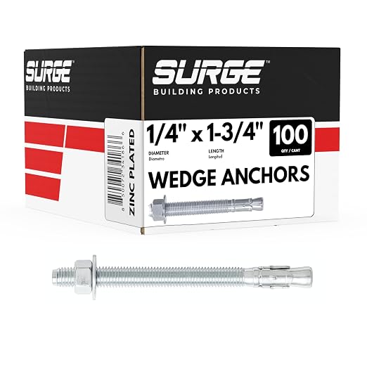 1/4" x 1-3/4" Zinc-Plated Wedge Anchors for Concrete and Cement | Heavy-Duty 1/4 Concrete Anchors (Box of 100)
