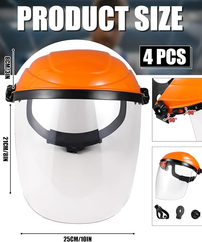 Tellegloww 4 Pack Safety Face Shield for Grinding and Cutting, Full Impact Resistant Face Shield Mask for Work Chemical Woodworking (Orange)