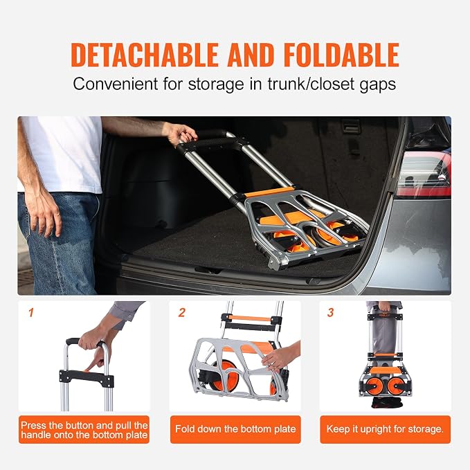 VEVOR Folding Hand Truck and Dolly, 275 Lbs Capacity, Aluminum Foldable Cart, Heavy-Duty Luggage Trolley Cart with Telescoping Handle and PP+TPR Wheels for Home, Office, Shopping, Travel
