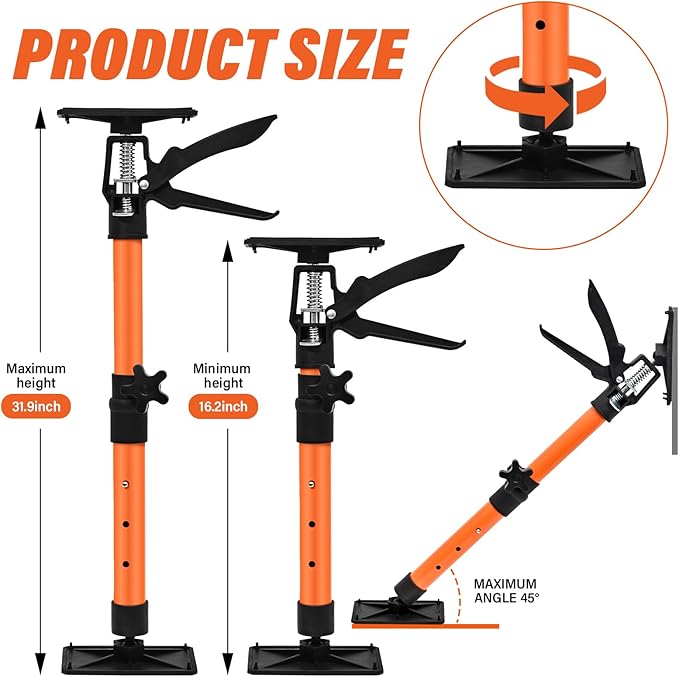 Adjustable Support Pole - Cabinet Jack, Drywall Lift, 16.2-31.9 Inch Adjustable Height, Supports up to 154lbs, 3rd Hand System for Ceiling, Cargo Bars, Cabinet Installation (16.2"-31.9" 2PC)