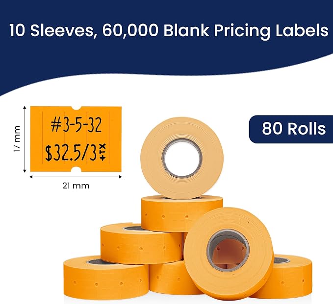 Perco 2 Line Fluorescent Orange Labels - 60,000 Blank Price and Date Gun Labels for Perco 2 Line Price and Date Guns - 80 Rolls, 10 Sleeves - Made in USA