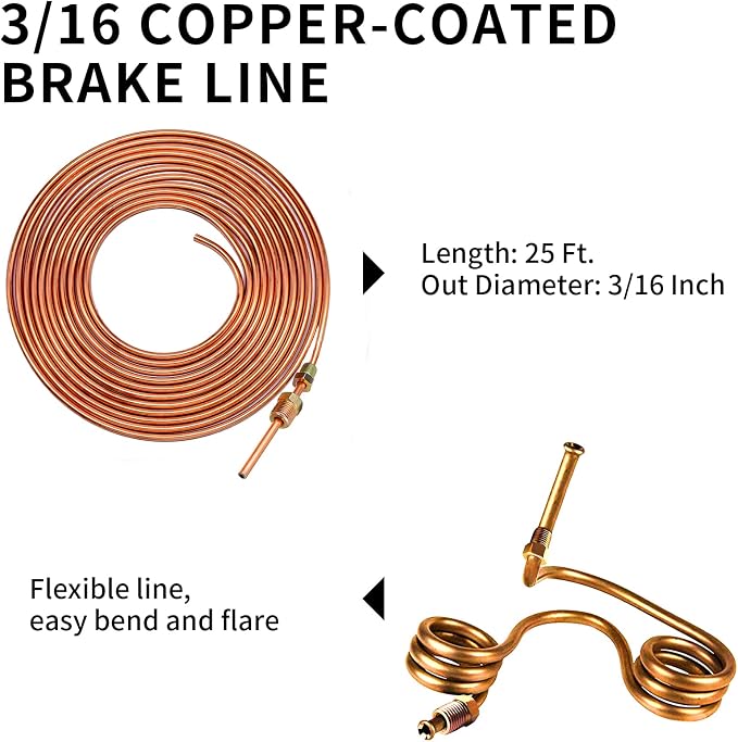 MuHize Brake Line Flaring Tool Kit – 3/16 Inch 25 ft Copper Brake | Double Flaring Tool with 16 Fittings and 4 Unions for Brake Lines, Corrosion Resistant