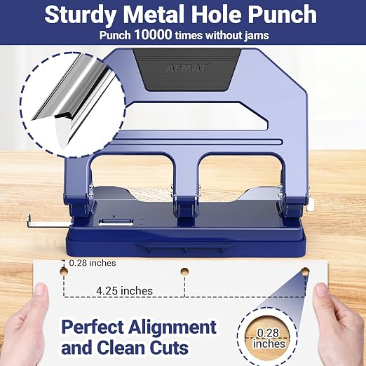 AFMAT 3 Hole Punch Heavy Duty, 40-Sheet Three Hole Puncher for Binder, 50% Reduced Effort Paper Punch, 10K+ Uses, Office Metal Hole Puncher 3 Ring w/Large Tray, Bulit-in S.S. Paper Guide, HPX2(Blue)