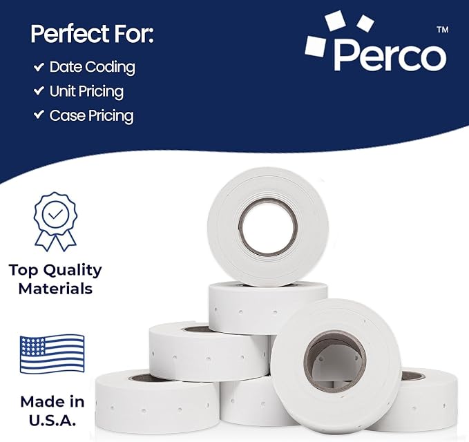 Perco 2 Line White Labels - 60,000 Blank Price and Date Gun Labels for Perco 2 Line Price and Date Guns - 80 Rolls, 10 Sleeves - Made in USA
