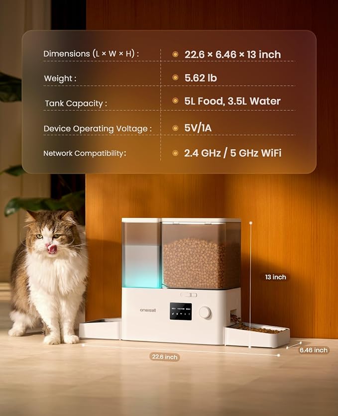 oneisall WiFi Automatic Cat Feeder and Water Dispenser, 2-in-1 Timed Cat Feeder and Gravity-Fed Water System, 36Cups/8.5L Large Capacity Pet Feeder, Easy-Clean Dry Food Dispenser with APP Control