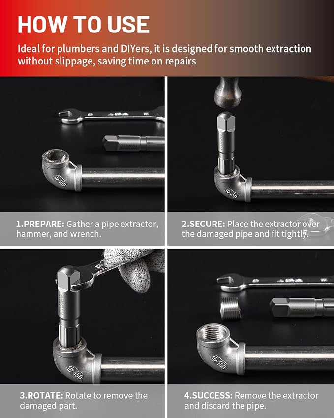 Pipe Extractor Set,Heavy Duty Steel Broken Pipe Extractors for Removing Damaged Threaded Pipes & Fittings from 1/8" to 1",with Durable Storage Case, Ideal Tools for Plumbers Mechanics DIY（6-Piece）