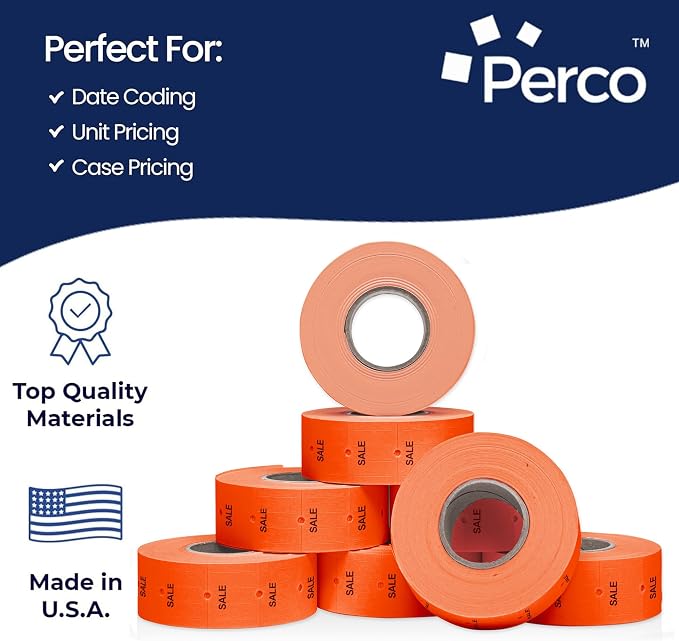 Perco 2 Line Fluorescent Red Sale Labels - 60,000 Blank Price and Date Gun Labels for Perco 2 Line Price and Date Guns - 80 Rolls, 10 Sleeves - Made in USA
