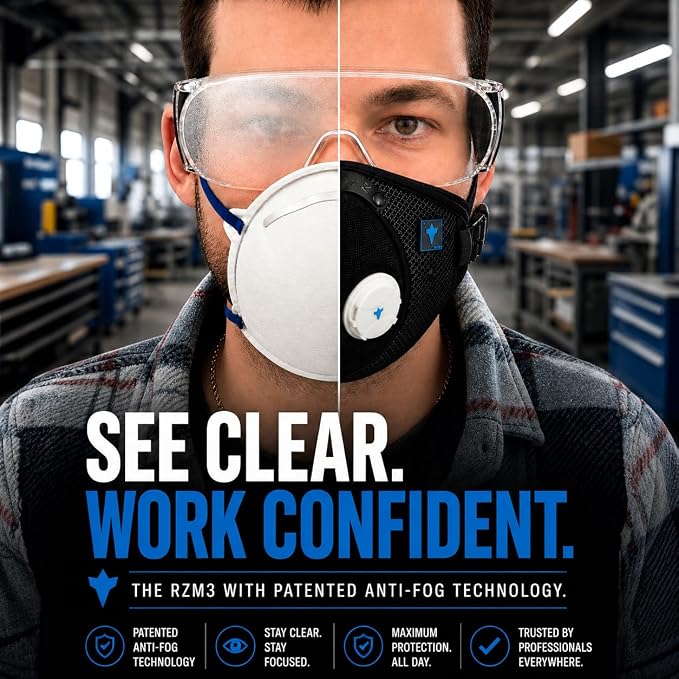 RZ Mask RZM3 - Patented Dust Mask w/ 99.9% Carbon Filtration, Anti Fogging, 360° Seal with 3 Straps, 50% Better Breathability