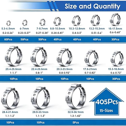 405Pcs 15-Sizes 304 Stainless Steel Single Ear Hose Clamps with Ear clamp plier 5.3-36.1mm Crimp Hose Clamps Assortment Kit for Auto/Home Appliance/Pipe/Fuel Line