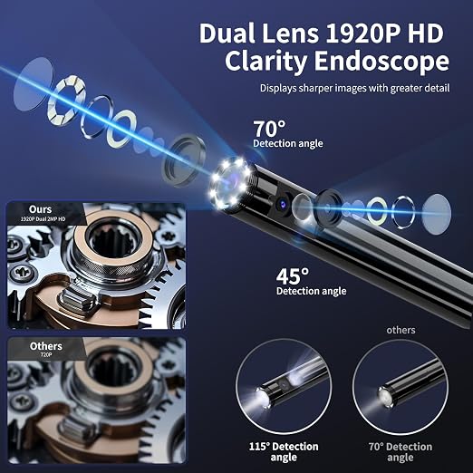 Endoscope Camera with Light, 1920P HD Borescope Inspection Camera with 8 Adjustable LEDs, IP67 Waterproof Semi-Rigid Snake Cable for Android, iPhone, and iPad(16.4ft, Dual Lens)