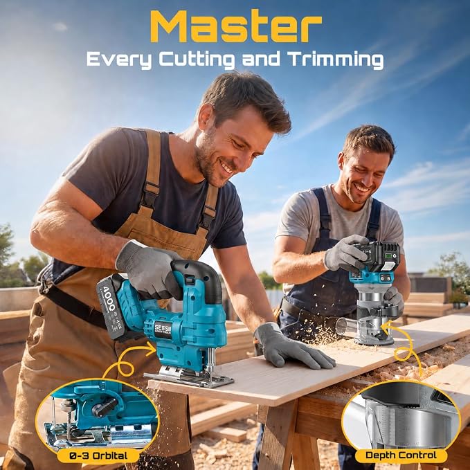 SEESII Cordless Jigsaw and Wood Router Tool for Combo Kit | with Batteries and Charger, Brushless, Aluminum Palm Router, 0-45° Bevel Jig Saw, Adjustable Speed for Cutting & Trimming
