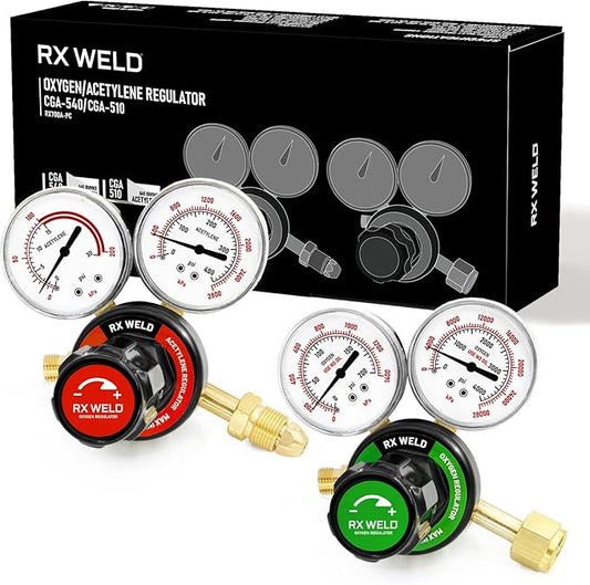 RX WELD Oxygen Acetylene Regulator Set, CGA540 & CGA510, B Size | Medium-duty cutting & welding set. Brass body. Outlet thread 9/16"-18