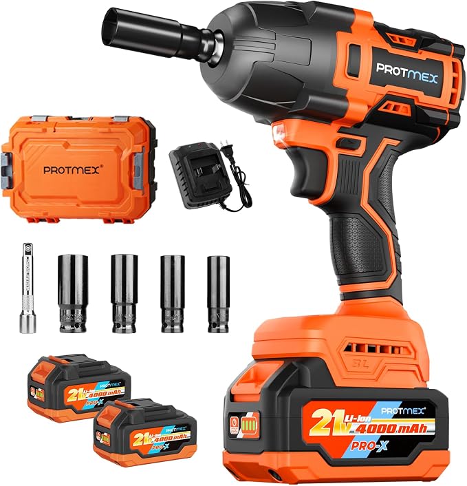 Protmex 900Ft-lbs (1200N.m) Impact Wrench, 1/2" Cordless Impact Driver, 21V High Torque Power Impact Gun - 2x4.0Ah Batteries, Variable Speeds Impact Motor for Pickup Truck/Family Car (Orange Red)