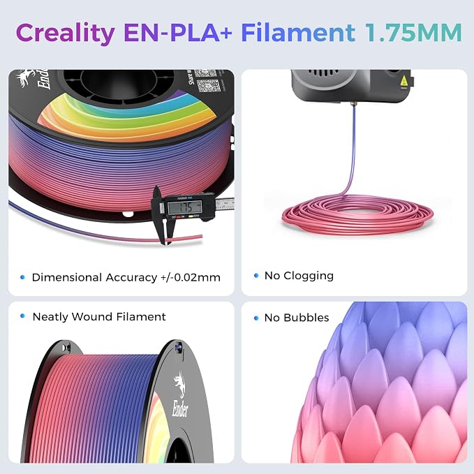 Creality 3D Printer Filament 4KG, Rainbow PLA+ Filament 1.75mm, Multicolor PLA Plus Strong Toughness Dimensional Accuracy +/- 0.03mm, PLA Pro for Most 3D Printer, 1KG Spool(2.2lbs)