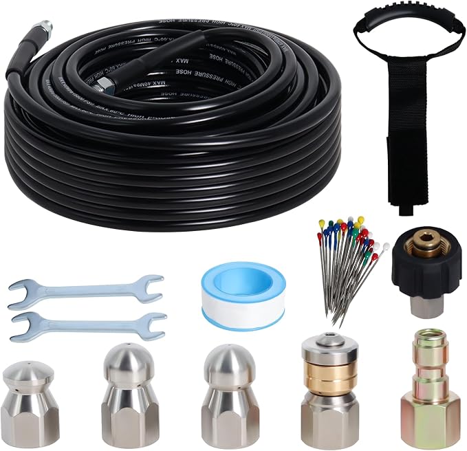 50FT Sewer Jetter Kit for Pressure Washer, 5800PSI Drain Cleaner Hose 1/4 Inch NPT Corner with 4 Sewer Jetting Nozzles，Waterproof Tape，Pearl Corsage Pin，Handle Strap & 2 Spanners (Black)
