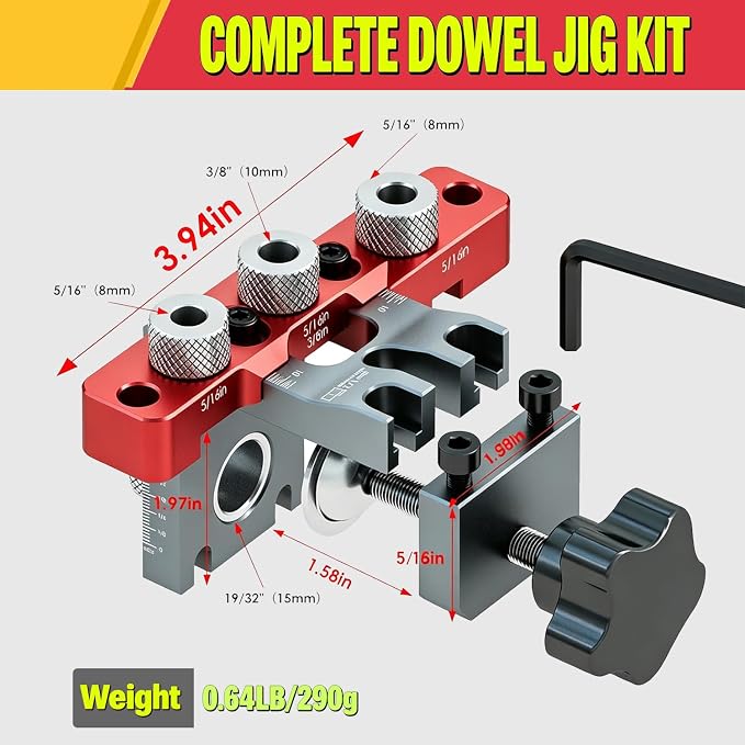 Self Centering Doweling Jig Kit, 3-in-1 Dowel Drill Guide | aluminum alloy, drill guide for straight holes, adjustable bits, precision scale, for furniture assembly, diy projects