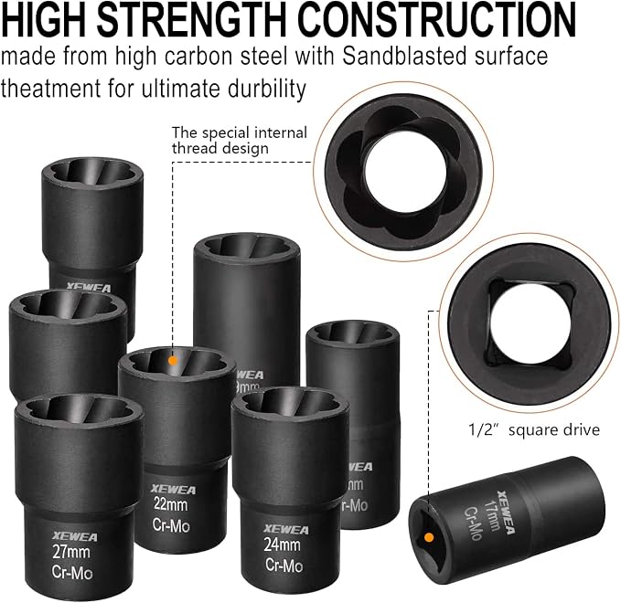 XEWEA 12PCS Lug Nut Remover Set, 1/2-Inch Drive Stripped Wheel Lock Removal Extractor Twist Socket Kit for Removing Damaged, Frozen, Rusted, Studs, Rounded-Off Bolts Nuts Screws