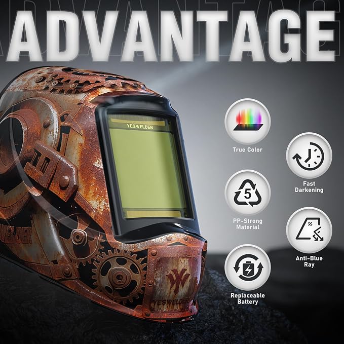YESWELDER Large View Auto Darkening Welding Helmet, Blue Light Blocking, 1/1/1/1 True Color Solar Powered Welder Hood Mask with 4 Arc Sensors, Wide Shade 3/5-9/9-13 for TIG MIG ARC CUT and GRIND 1