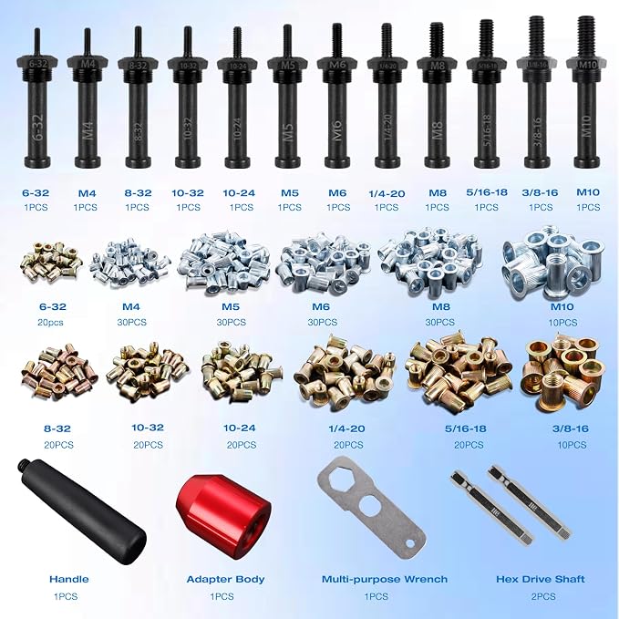 YUZES Rivnut Tool Adapter for Cordless Drill Electric- Newly Labor Saving Rivet Nut Gun Kit with 13 Mandrels & 260 Rivet Nuts, Professional Rivnut Gun Kit with Carrying Case (Rivet Nut Tool-30-R1)
