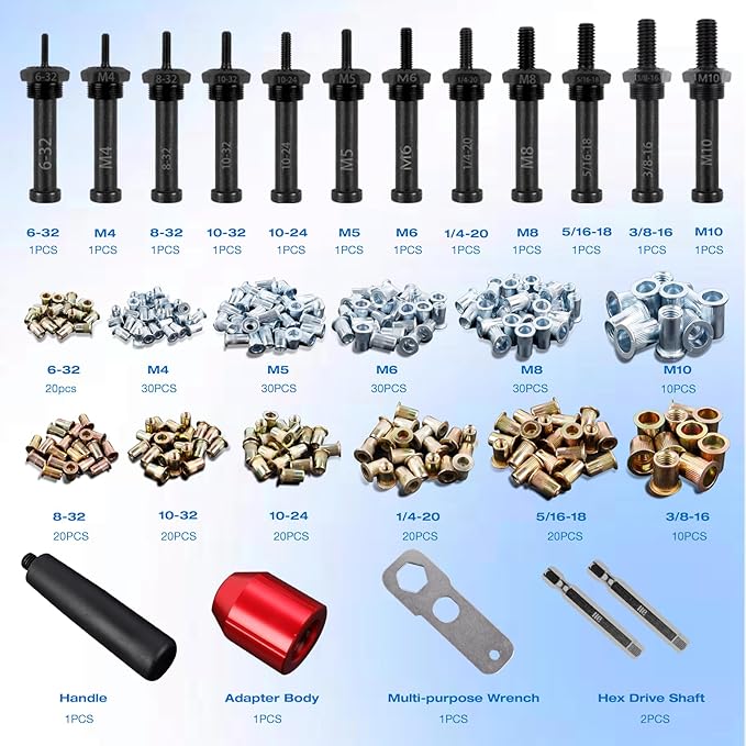 YUZES Rivnut Tool Adapter for Cordless Drill Electric- Newly Labor Saving Rivet Nut Gun Kit with 13 Mandrels & 260 Rivet Nuts, Professional Rivnut Gun Kit with Carrying Case (Rivet Nut Tool-30-R1)