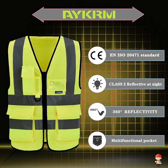 A-SAFETY High Visibility Reflective Vest with 7 Pockets, Zipper, Yellow, S | Yellow S work vest with 7 pockets, clear ID pocket and radio mic loop for construction and utility work; unisex workwear.