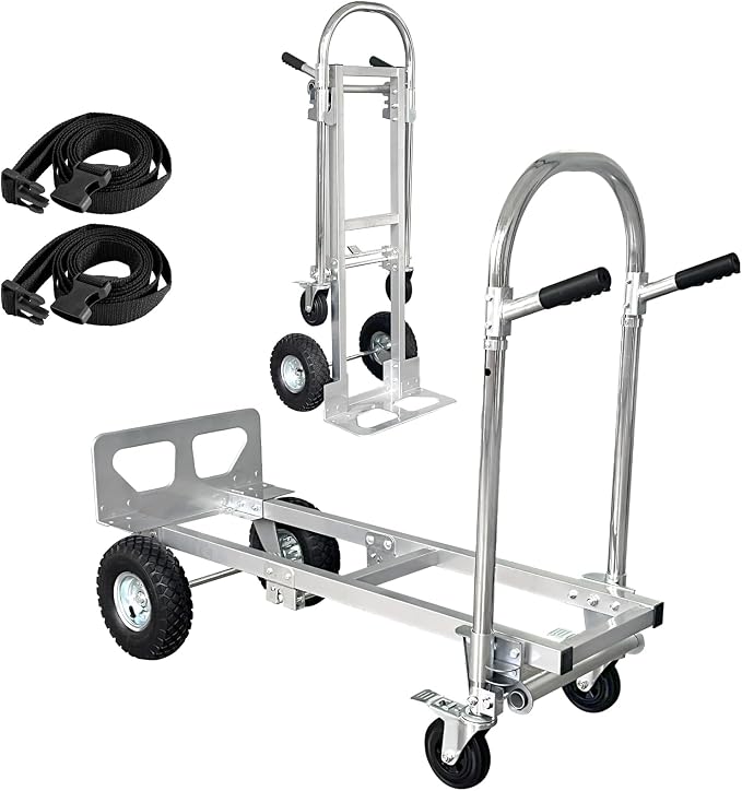 Suzhi Convertible Hand Truck Dolly Cart with Wheels Heavy Duty/with 4 Wheels&Brakes /1000Lbs Load, 2 Straps for Furniture/Appliance/Carton/Warehouse/Office /10 Minutes to Install as Video