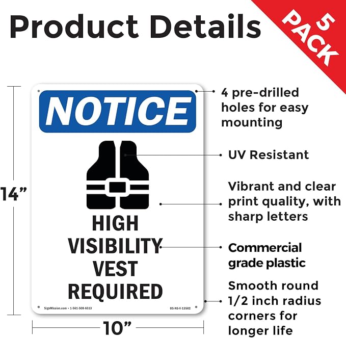 High Visibility Vest OSHA Notice Rigid Plastic Sign 14 Inch x 10 Inch - 5 Pack