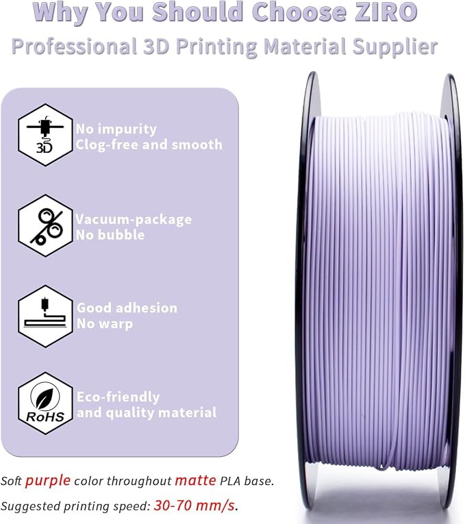 ZIRO 3D Printer Filament Bundle, Matte 1.75mm PLA Filament, Pastel Colors PLA Series 4 Pack, 3D Printing Material, Fit Most FDM Printers,1.75mm 2.2lbs x 4 Spool, Purple, Pink, Blue, Skin