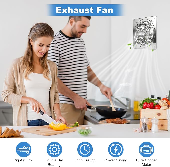 8-inch wall-mounted kitchen metal exhaust fan with switch, 382-576CFM, portable installation, with return air valve, suitable for attic, garage, bathroom, office, basement ventilation, silver