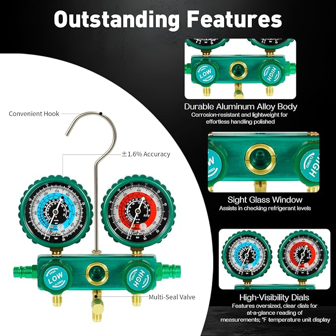 PB Motor Tech Vacuum Pump & Gauge Set, 4.5 CFM Pump w/Aluminum Manifold Gauge, Quick Couplers, Two Can Taps, 410 Adapter, for R134A, R410A, R22, R404A Refrigerants & AC Maintenance (Green)