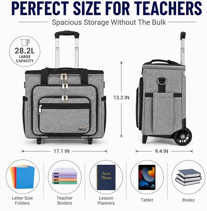Upgraded Rolling Bag with Detachable Dolly, Heavy Duty Wheeled Teacher Bag, Multifunctional Rolling Briefcase for Work, Office, Craft Storage & Travel (Grey)