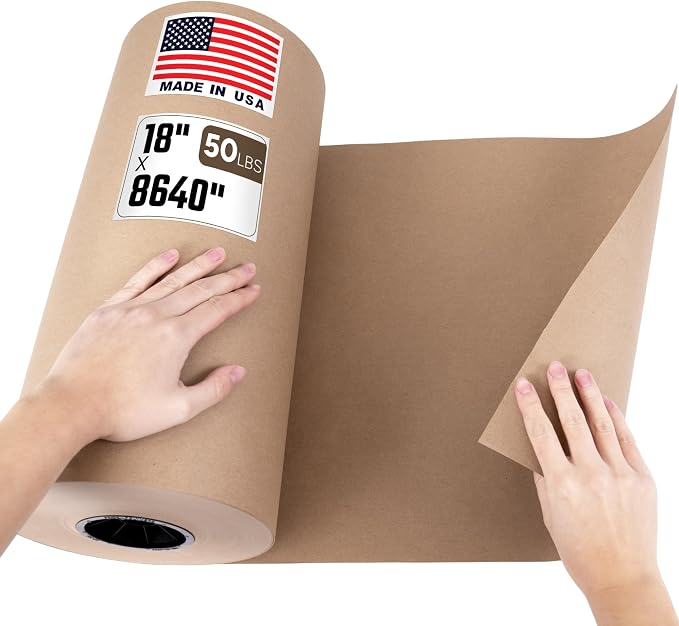 Paclord 18" x 8640" (720 feet) Natural Brown Kraft Paper Roll, 50 Lb Heavy-Duty – Made in USA Large Roll of Brown Wrapping Paper, 3-inch Core – for Packaging, Void Filling, Shipping, School, Crafts | 50 Lb Heavy-Duty – Made in USA Large Roll of Brown W...