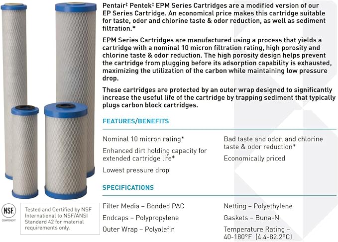 Pentair Pentek EPM-BB Big Blue Carbon Block Water Filter, 10" x 4.5", 10 Micron, 15,000 Gallon Capacity, Bonded PAC, Whole House Chlorine Taste & Odor Reduction, Pack of 4