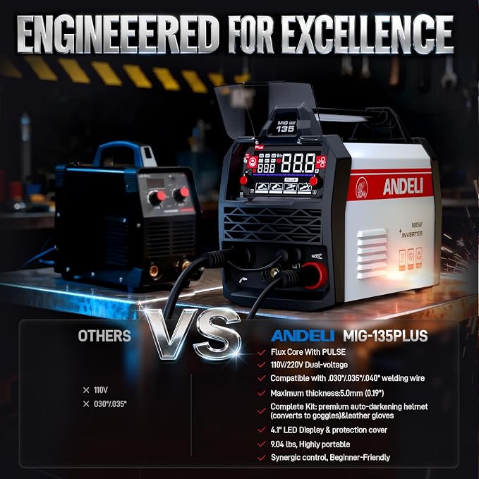 ANDELI 110V/220V MIG Welder 135A, PULSE Flux Core MIG/Lift Tig/Stick 3-in-1 Gasless MIG Welding Machine with Synergy，Large LED Display,2T/4T Full Kit (Bonus Welding Helmet & Gloves)