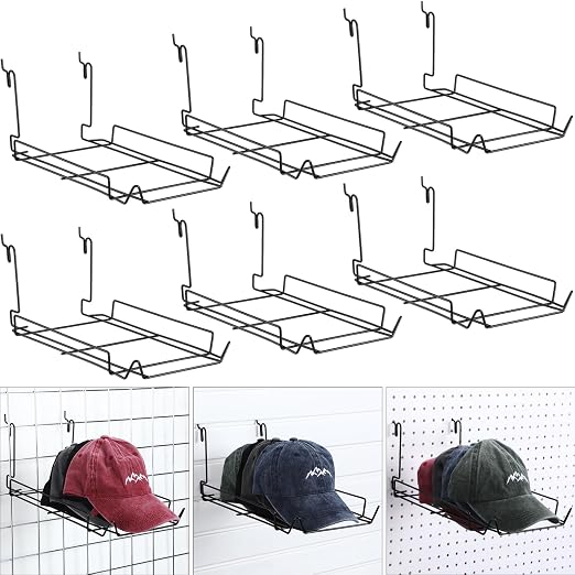 Yaocom 6Pcs Metal Hat Rack Display, Black, Wall Mounted, Multifunctional Storage for Slatwall, Grid, Pegboard, Home Retail Shop Store Boutique Organizer