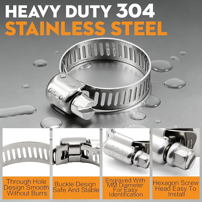 175PCS Stainless Steel Hose Clamps Assortment Kit, 304 Worm Gear Heavy Duty 1/4"-2"(6-51mm) Adjustable Clamps Set with 2 Tools, for Automotive Fuel Line Plumbing Pipe Radiator