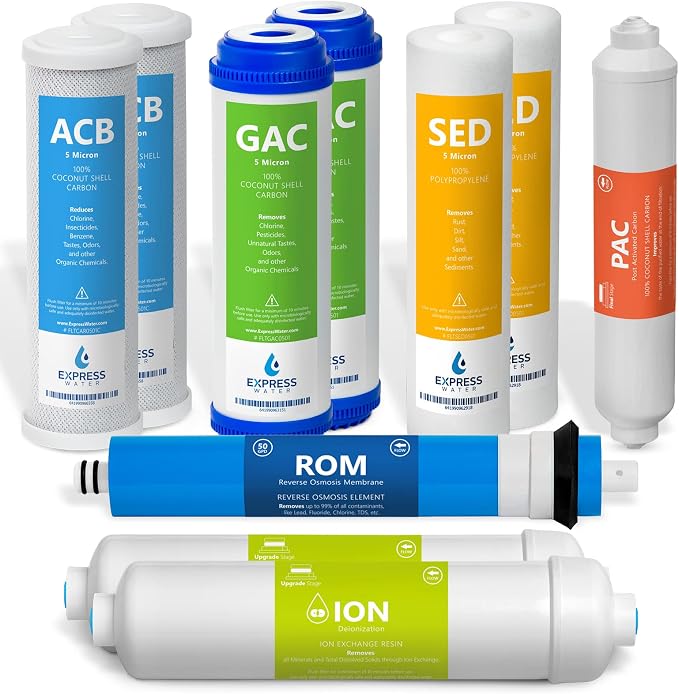 Express Water - 1 Year Deionization Reverse Osmosis System Replacement Filter Set - 6 Filters with 50 GPD RO Membrane - 10 inch Size Water Filters