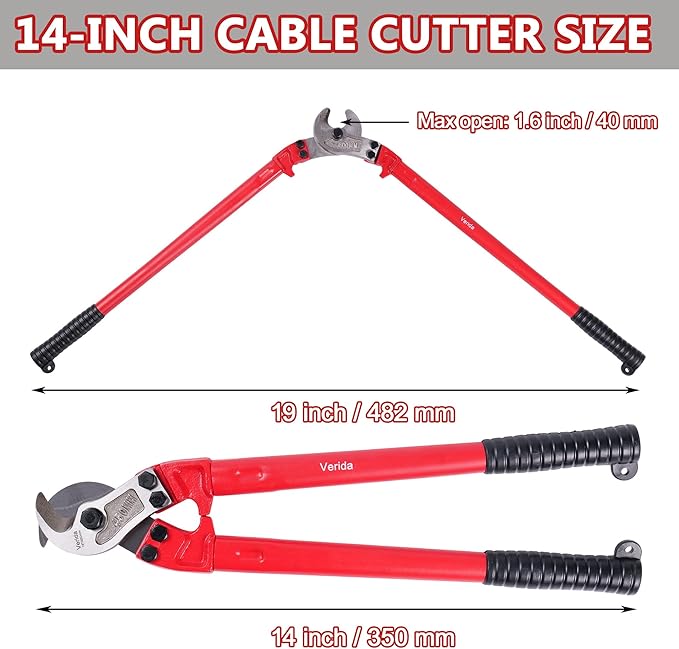 ‎Verida Cable Cutters 14 inch, Heavy-Duty Cable Cutter, Chrome vanadium steel, Hardness 62 HRC, Suitable for cutting thick copper and aluminum core cables, Red