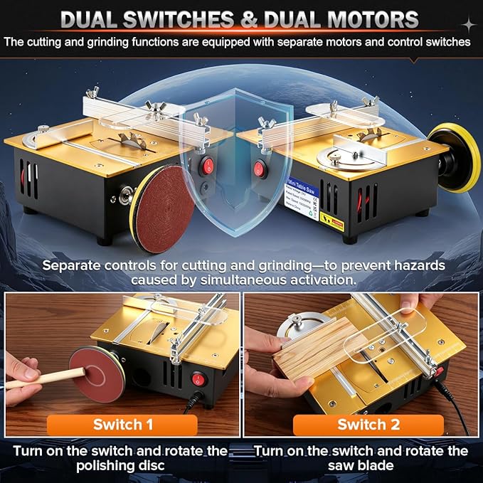 Mini table Saw,mini Table Saws for Crafts,Dual Motors & Switches,small table saw with adjustable cutting angle,depth,and speed,All-in-One Cutting/Grinding/SandingTool,Creat for Hobbyists Model Maker
