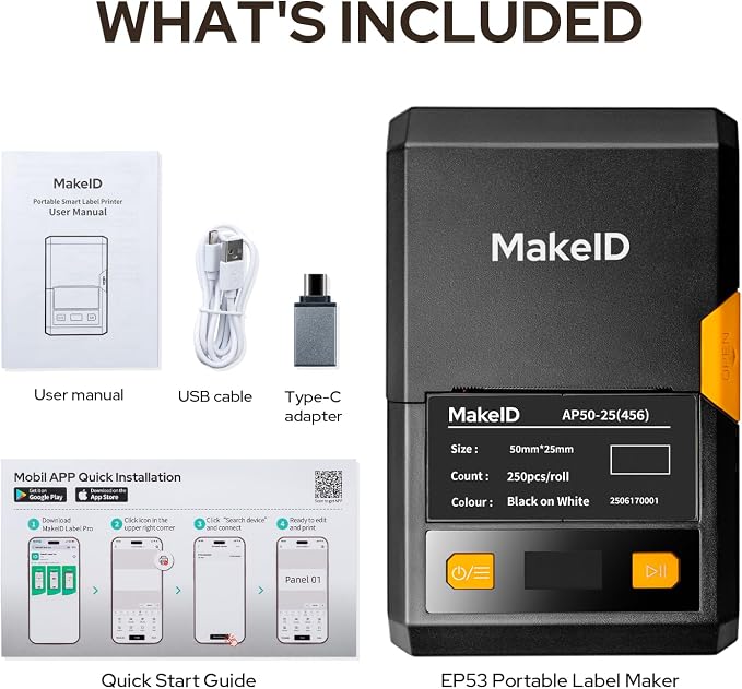 Makeid EP53 Portable Industrial Label Maker, 2" Print Head Bluetooth Printer, Mobile APP & PC Editor Compatible, 2600mAh Li-ion Battery. Comes with 1" H x 2" W Label, Rugged Design for Tough Job Sites