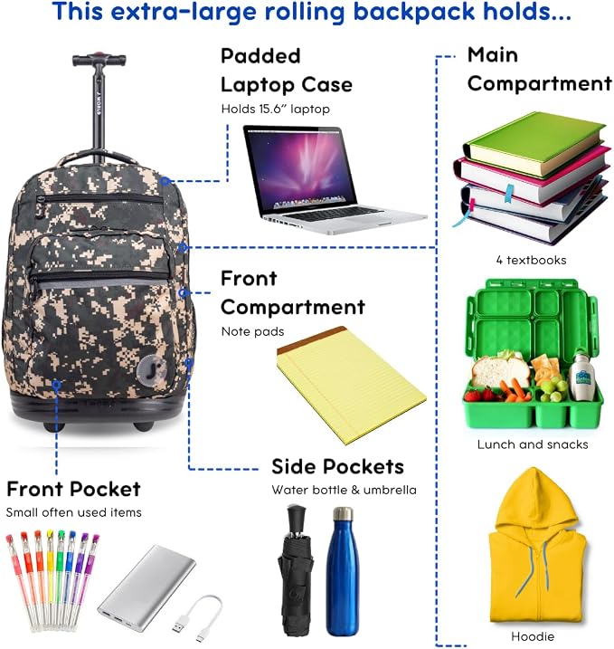 J World Sundance Laptop Rolling Backpack for Girls Boys. Roller Bookbag with Wheels, 20 Inch, Green Camo