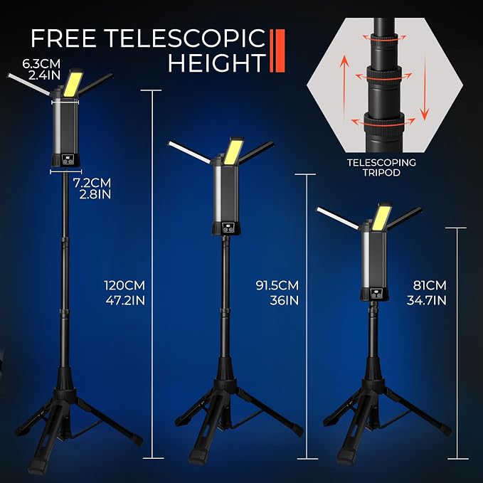 Rechargeable Work Light with Stand, Magnetic Base, Hook & Tripod (Middle) | 6000mAh battery, Telescopic tripod, Magnetic base, Hanging hook, 3 metal floor spikes, Storage bag, Camping