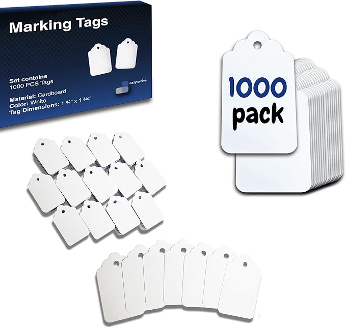 EasyTwelve - Price Tags – 1000 White Hang Tags, 1.75 x 1.093 in, Tags for Clothing, Jewelry, Retail, Garage Sale