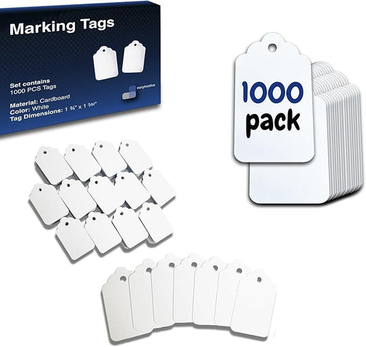 EasyTwelve - Price Tags – 1000 White Hang Tags, 1.75 x 1.093 in, Tags for Clothing, Jewelry, Retail, Garage Sale