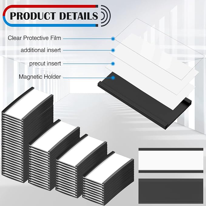500 Pieces Magnetic Data Card Holders Channel Magnetic Label Holders Labels Racks with Magnets with 500 Protective Films and 1000 Replacement Strips for Metal Racks Shelf Bin (1 x 2 Inch)