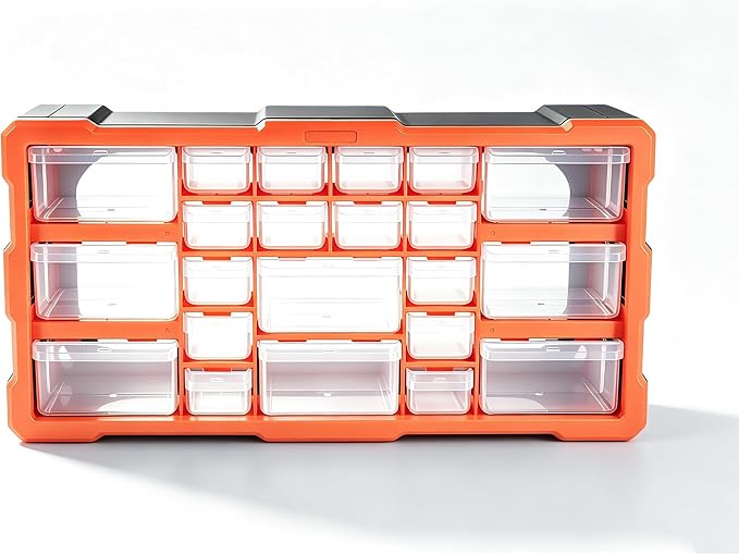 PurKeep 22 Compartment Plastic Tool Storage Box, Orange Hardware Organizer with Clear Drawers, Stackable Wall Mount Cabinet for Screws, Bolts, Craft Supplies, Garage Organization