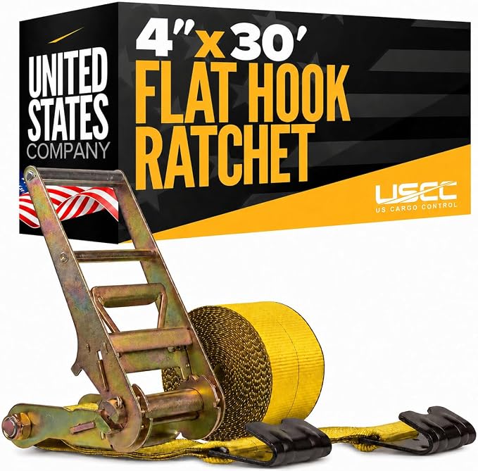 US Cargo Control Flat Hook Ratchet Strap 4” x 30’, 5,400 LBS Working Load Limit, Yellow 4 Inch Ratchet Strap with Black Flat Hook, Professional 4 Inch Strap for Flatbed Trailers