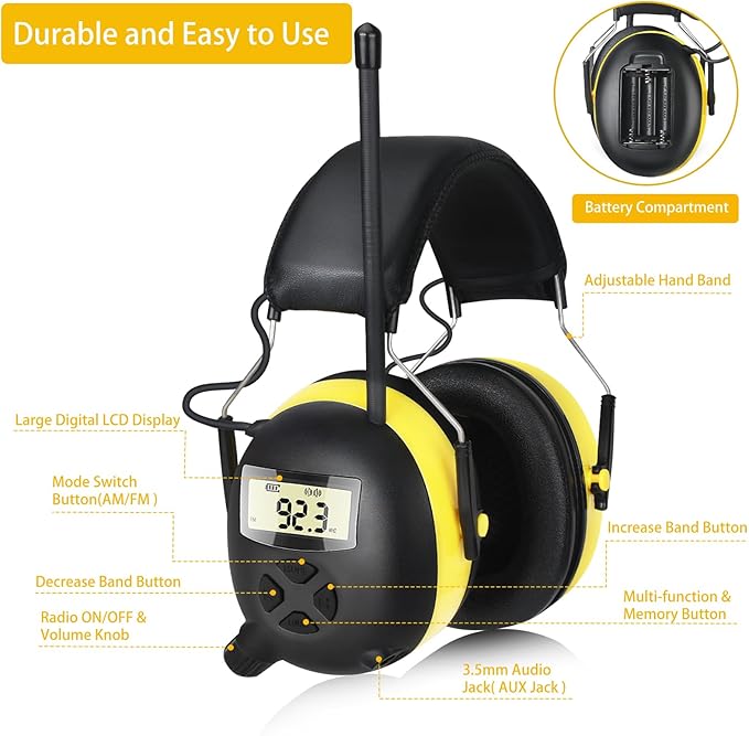BJKing AM/FM Radio Headphones with Digital Display, 30dB AM FM Hearing Protection Safety Ear Muff, Ear Protection Headphone for Mowing, Landscaping, Shooting and Construction Black-Yellow
